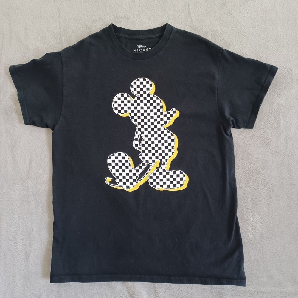 Disney Mickey Mouse Tee Md Black Checkered Black Yellow 90s Graphic Womens - Picture 7 of 7